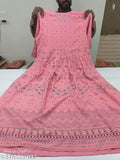 Printed pink embroidered rayon anarkali flared kurti, three-quarter sleeves, size options available for girls and women