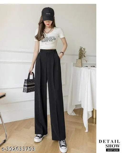 Tiger style simplicity black straight fit wide leg pants for women's