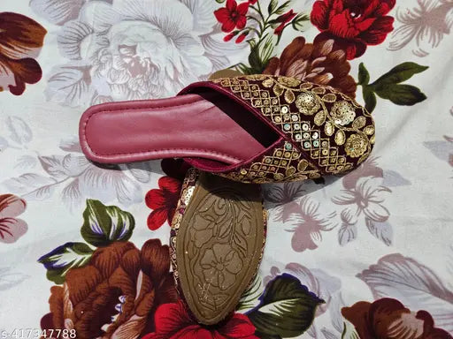 Maroon embroidered synthetic Mojari ballerina flat, Indian ethnic footwear for women and girls
