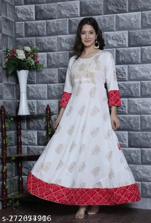 Rayon three-quarter sleeve printed Anarkali Kurti, latest Indian partywear fashion