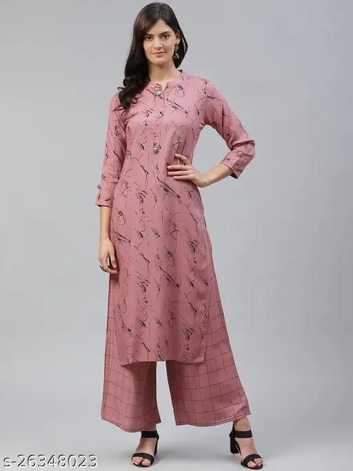 Pink rayon kurta palazzo set, self-design net print, breathable, comfortable fashion for women, India origin