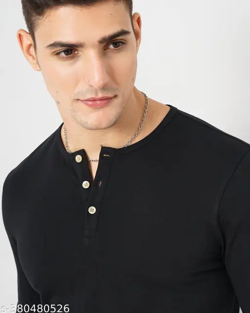 Pure cotton long sleeves Genoa Men Henley Neck T-shirt, solid color for modern men's wardrobe, Made in India