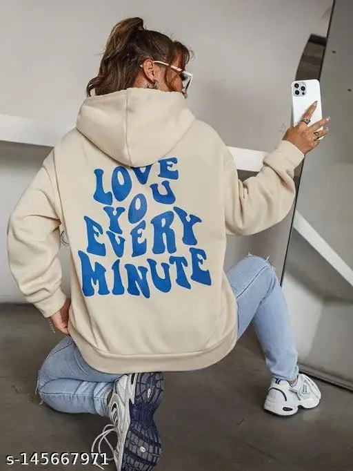 Cream-Multicolor printed sweatshirt hoodie, fleece, kangaroo pockets, hooded, Love U Evrey Minute slogan, made for cool aesthetic, regular fit, winter season
