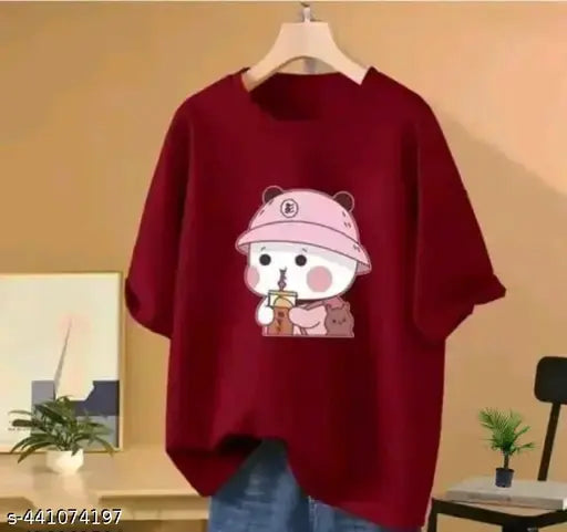 Maroon cotton blend, stylish printed oversized women's t-shirt with long sleeves, trendy and fashionable