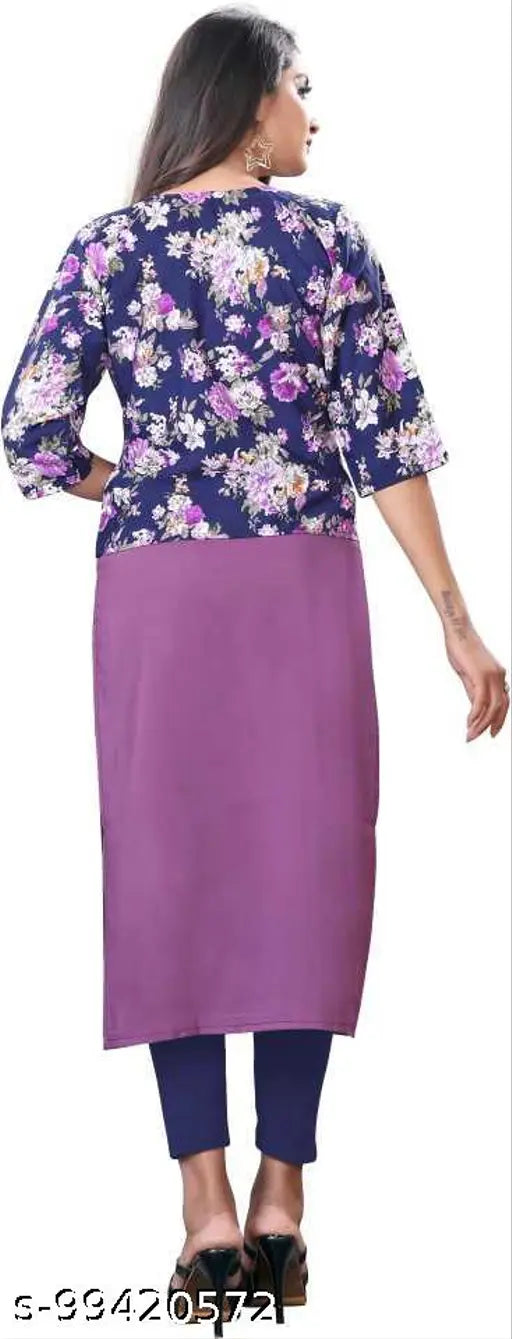 Purple and blue floral print kameez with long sleeves and a V-neck, straight cut bottom