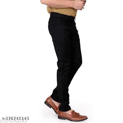 Men's black stretchable denim jeans for a slim fit, offering comfort and versatile style. Solid design, size 30, made in India