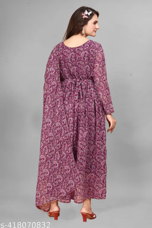 Wine color digitally printed Georgette gown & Duppata set, three-quarter sleeves, stylish Indian women's outfit from RS Studio