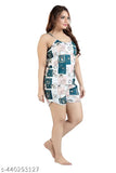 White satin printed nightsuit set with spaghetti top and shorts, featuring a vibrant pattern and practical side pockets