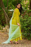 green georgette embroidery work gown with dupatta