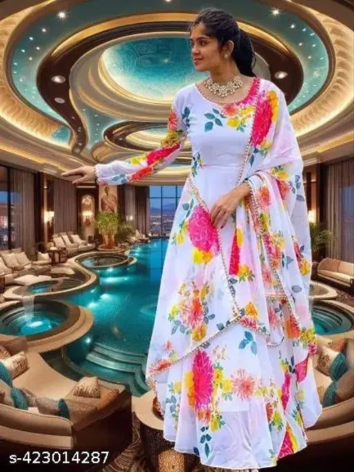Premium quality lace dupatta white and yellow flower gown with long sleeves, georgette fabric, for women's or girl's party wear