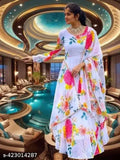 Premium quality lace dupatta white and yellow flower gown with long sleeves, georgette fabric, for women's or girl's party wear