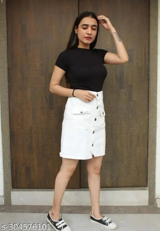 White denim skirt with slits, black tank top
