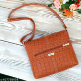 Ladies fashion sling purse, brown leather with strap, multiple pockets