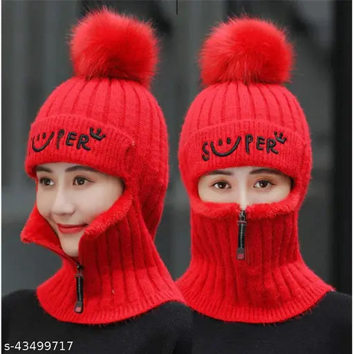 Red faux fur pompom winter cap with face mask, woolen material, designed for girls, pack of 1