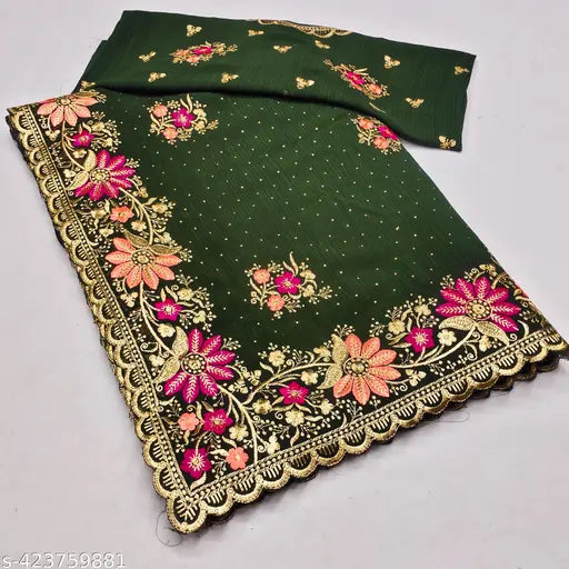 Green patterned sari and blouse set, intricate floral design