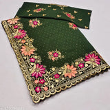 Green patterned sari and blouse set, intricate floral design