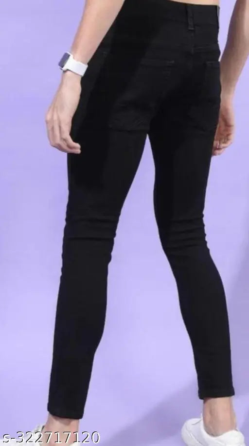 Black stretchable denim jeans for boys, solid pattern, five pockets, correct size, slim fit, origin in India