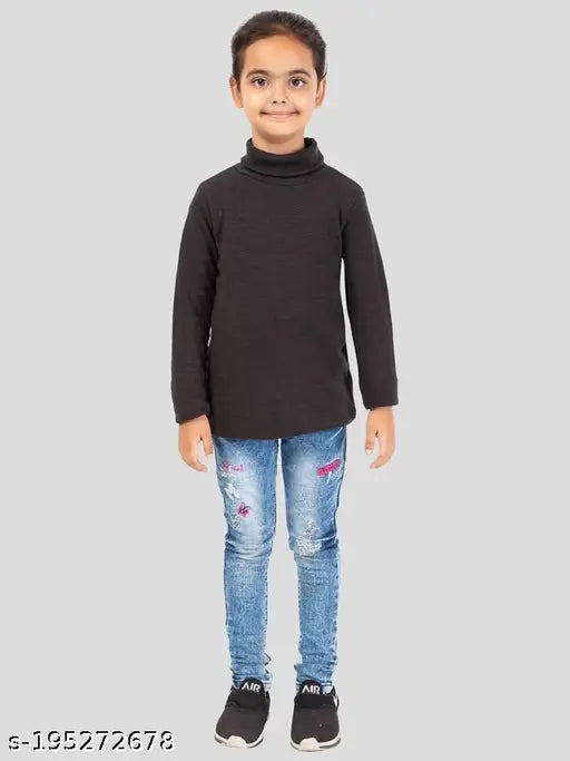 Nylon high neck long sleeve winter wear sweatshirt for kid girls. Solid color, skin-friendly, soft, comfortable and perfect for fall/winter occasions. Comes in sizes 3-12 years