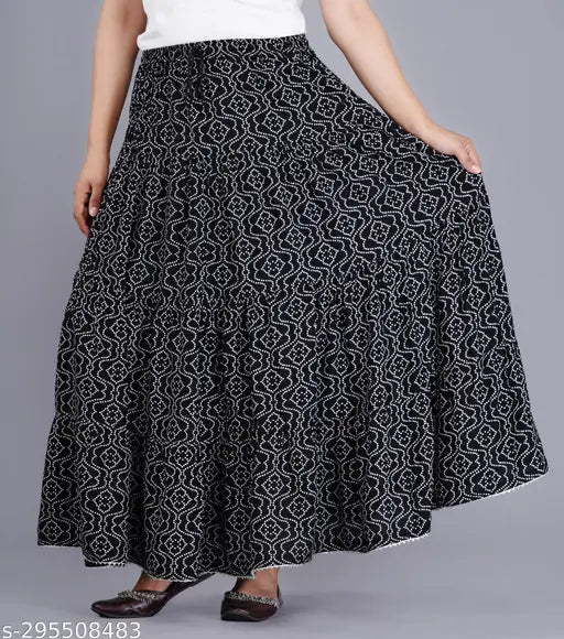 Black printed rayon women's long skirt with a net pattern, size 34-Free Size, Indian origin
