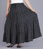 Black printed rayon women's long skirt with a net pattern, size 34-Free Size, Indian origin