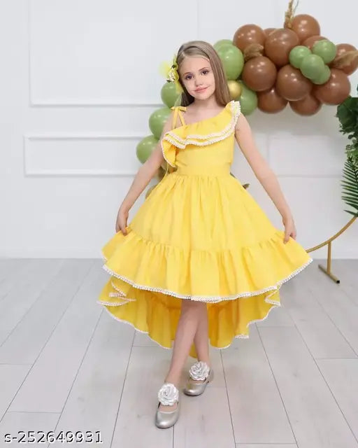 Yellow ruffled tulle girl's dress, party wear, short sleeves