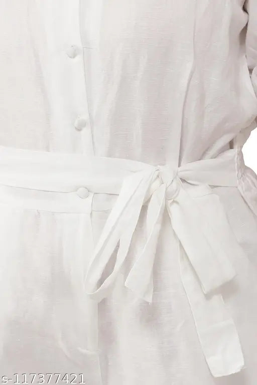 Cotton linen solid raglan sleeves white jumpsuit with v-neck, elastic and smocking detailing, button down front and zipper closure, two pockets, and attached belt - fashionable casual wear in India
