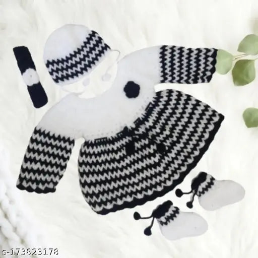 Pure wool baby sweater, hairband, cap, socks - handmade self-design net-wrapped frock with long sleeves, perfect for special occasions in sizes 0-6M, 3-6M, 6-9M, 6-12M, 9-12M from India