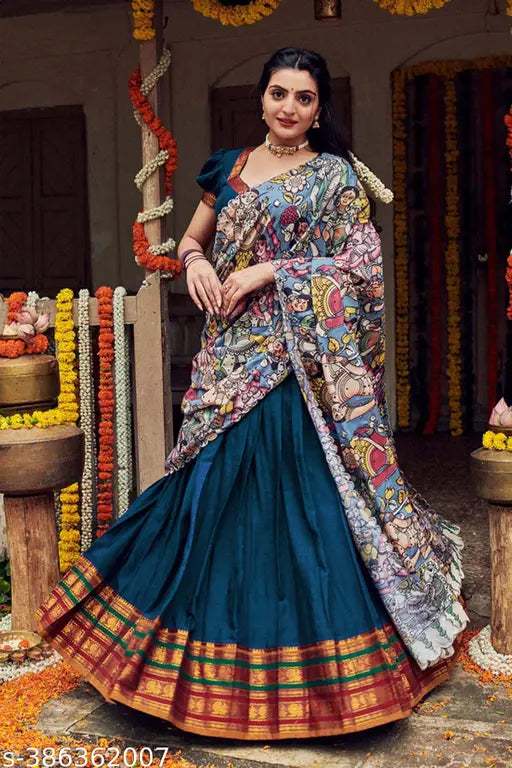 Art Silk semi-stitched South Indian half saree set, featuring woven design choli, dupatta and lehenga in Lichi Silk, 3.6m length