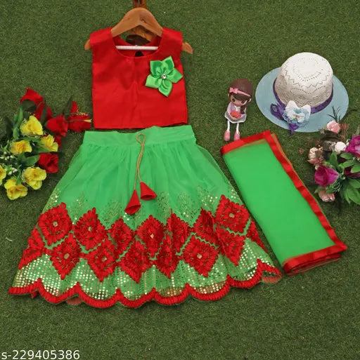 Taffeta silk lehenga choli dupatta set for girls, fully stitched in sequinned embroidery work on net fabric