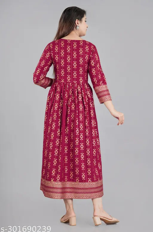 Maroon rayon anarkali kurti with three-quarter sleeves and printed combo, ideal for traditional Indian festivals or events