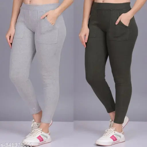 Cotton blend solid pocket ankle jeggings combo, breathable, soft, and stretchy for outdoor or casual wear - Suitable sizes from XS to XL, made in India