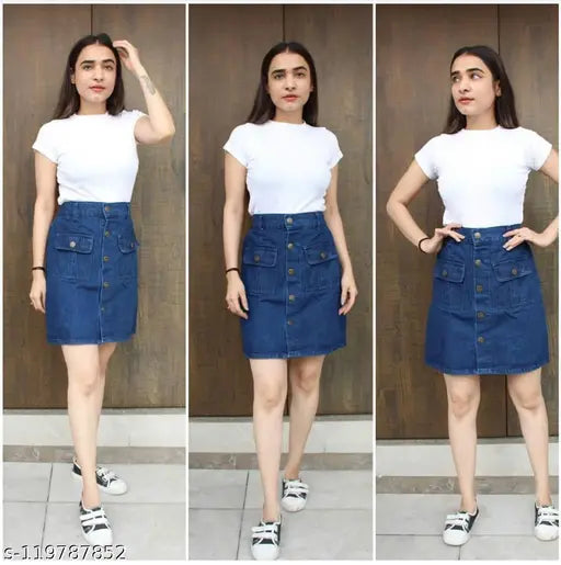Dark blue denim skirt, button front closure