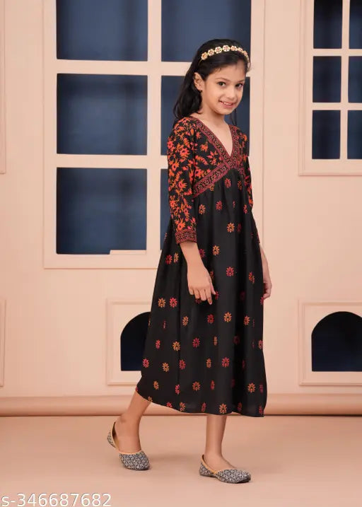 Rayon printed net kurti for girls, three-quarter sleeves, 7-11 years, Indian fashion