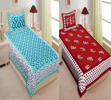 Jaipuri printed cotton single bedsheet combo pack, two bed sheets with two pillow covers - trendy botanical design for adult mild winter use