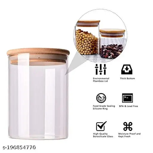 Crystal Clear Round Shaped Borosilicate Glass Jar with Leak Proof Air Tight Bamboo Wooden Lid and Silicone Sealing Ring - VRS MALL, 270ml, 12 pcs Pack