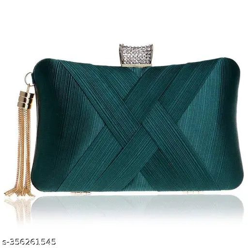 Deep blue velvet evening clutch with crisscross design, metal diamond accents, tassel, fashionable lady handbag