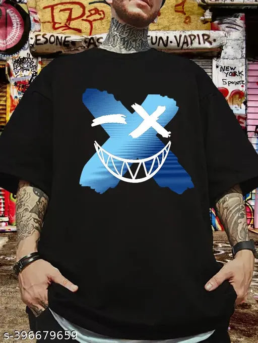 Black cotton graphic printed oversized Manlino t-shirt for men, perfect for casual wear and various activities. Ideal for larger sizes (L: 40in chest, 29in length). Made in India