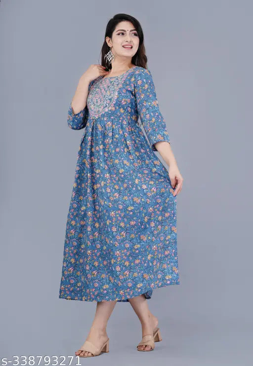 Women's long-sleeve flared kurta with rayon print and embroidery