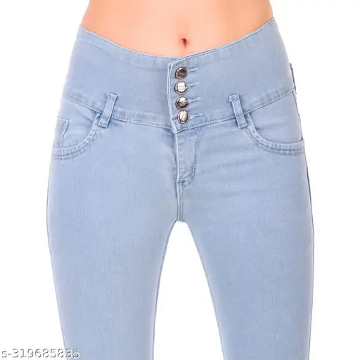 Light blue denim women's skinny jeans with button closure and zipper fly