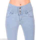 Light blue denim women's skinny jeans with button closure and zipper fly