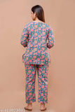 Flower blue night suit, cotton pyjamas with three-quarter sleeves and printed net pattern
