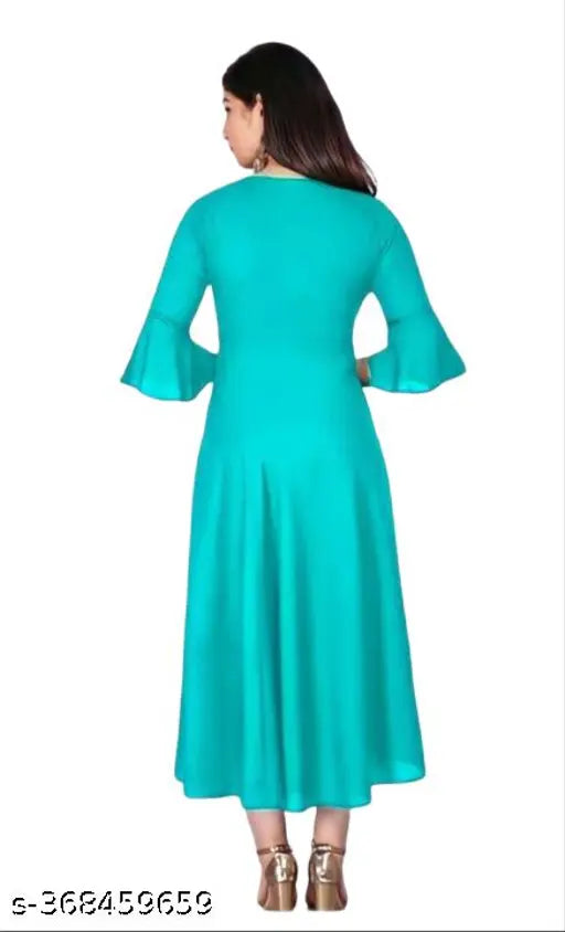 Teal satin anarkali kurta with flared bell sleeves