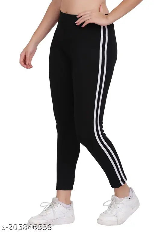 Striped cotton blend jeggings, free size (waist 34in, length 36in), stylish two-stripe design