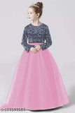 Embellished net and sequin work velvet dress, full-length party wear for girls aged 3-15, India origin