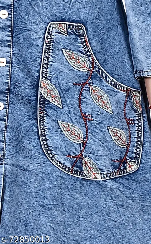 Denim A-line kurti for women, three-quarter sleeves, dyed/washed combo (L: bust 40in, length 47in), stylish & versatile for casual, office or festive wear
