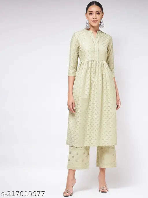 Pista green, polyester gathered kurta with three-quarter sleeves and silver foil printed combo - Indian ethnic wear