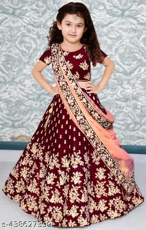 3-year baby girl taffeta silk lehenga with net dupatta, embroidered and stitched, short sleeves