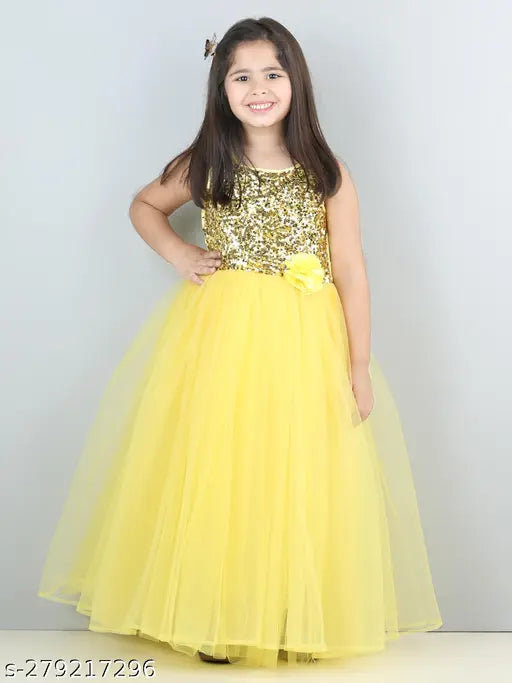 Yellow sequined kids' gown dress, net fabric with toy balloon sequence design, party wear for girls aged 1-2 years