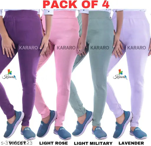 Cotton blend KARARO jeggings pack of 4, recycled OE fabric for women's fashion. Solid color, lightweight and trendy. Available in sizes 26, 28, 30, 32, 34, Free Size. Made in India