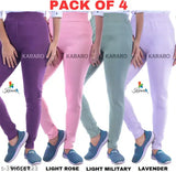 Cotton blend KARARO jeggings pack of 4, recycled OE fabric for women's fashion. Solid color, lightweight and trendy. Available in sizes 26, 28, 30, 32, 34, Free Size. Made in India